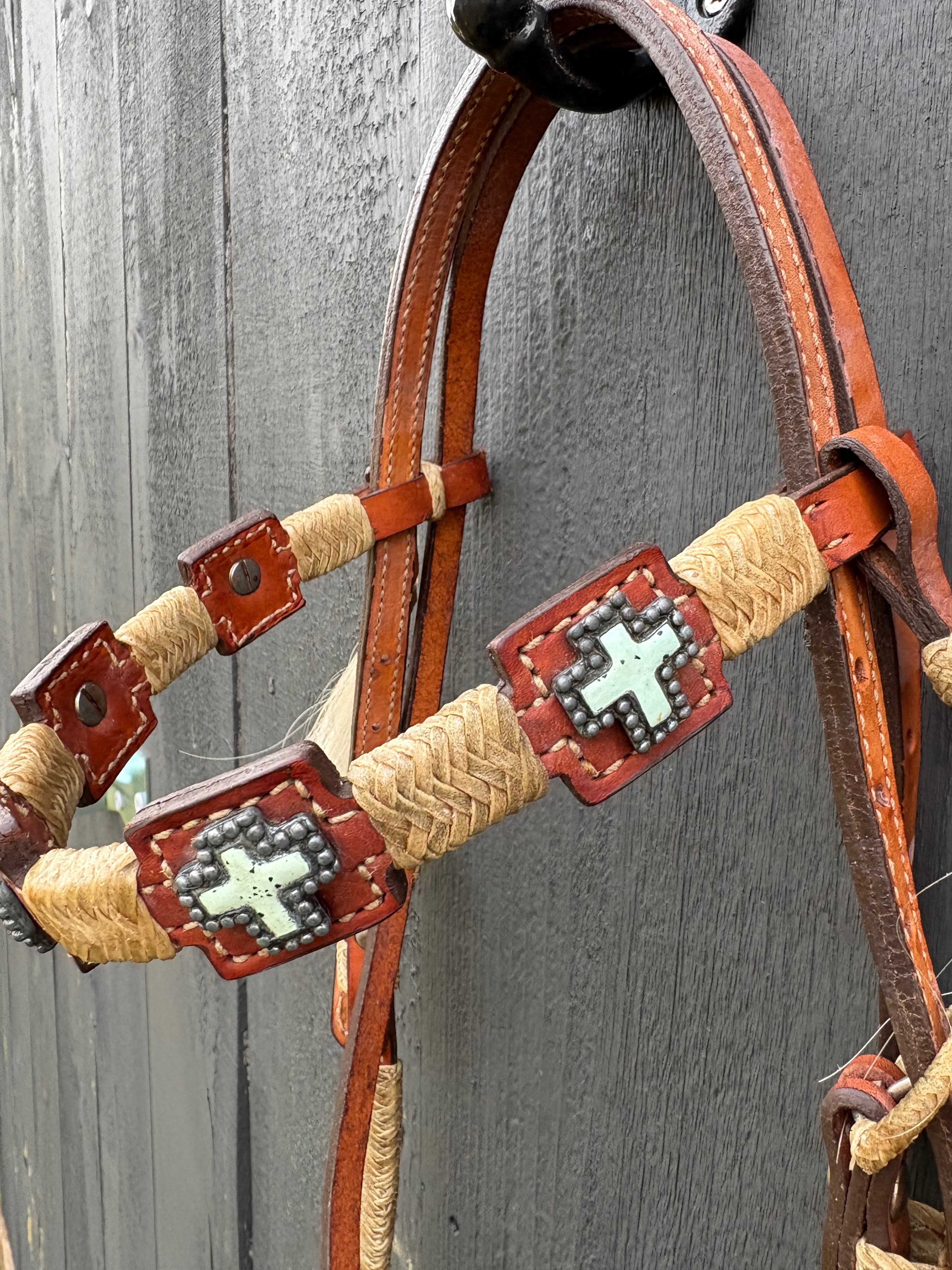NWT Vintage Alamo Saddlery Headstall with Turquoise Crosses, Rawhide Lacing and Horsehair Tassels