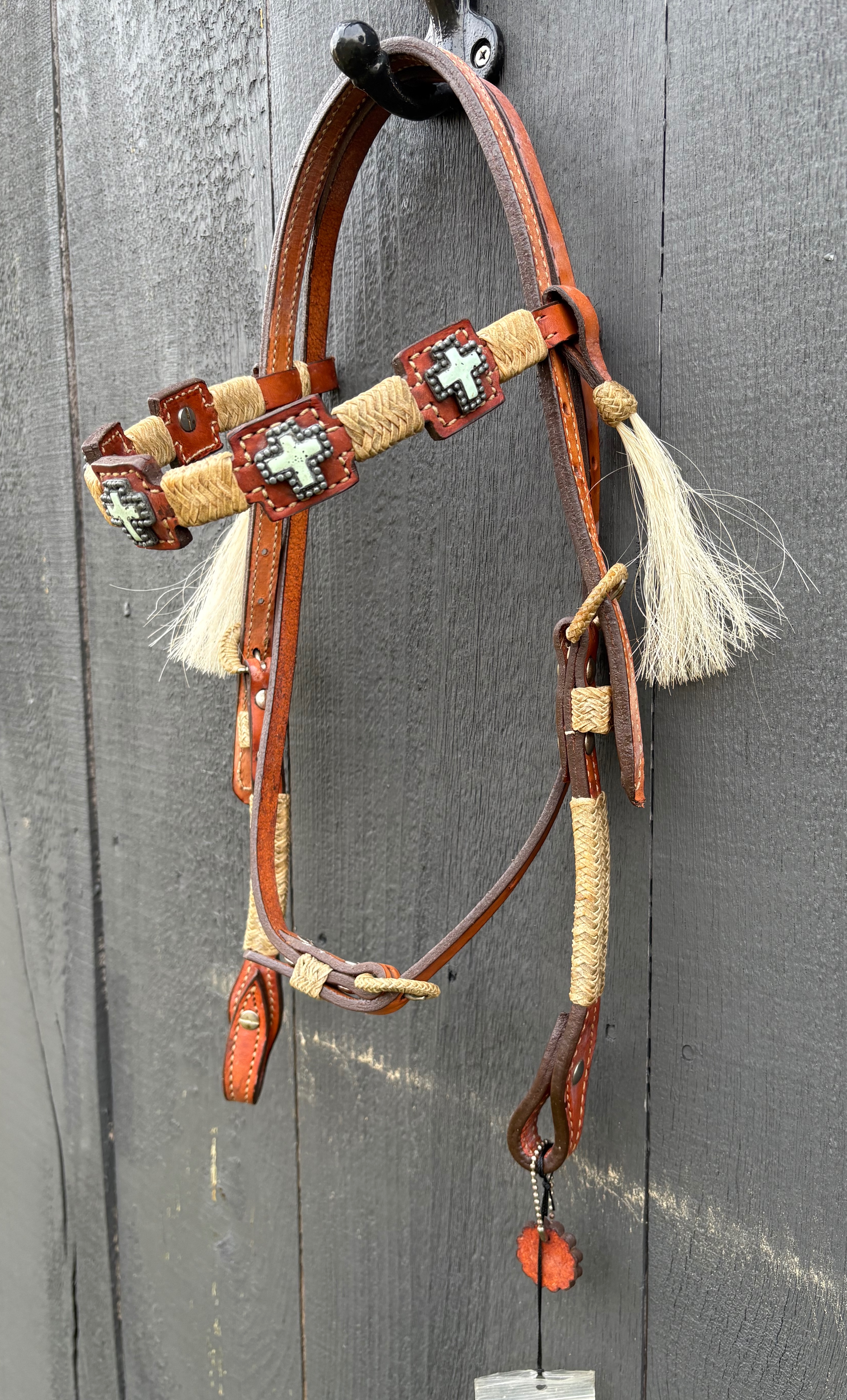 NWT Vintage Alamo Saddlery Headstall with Turquoise Crosses, Rawhide Lacing and Horsehair Tassels