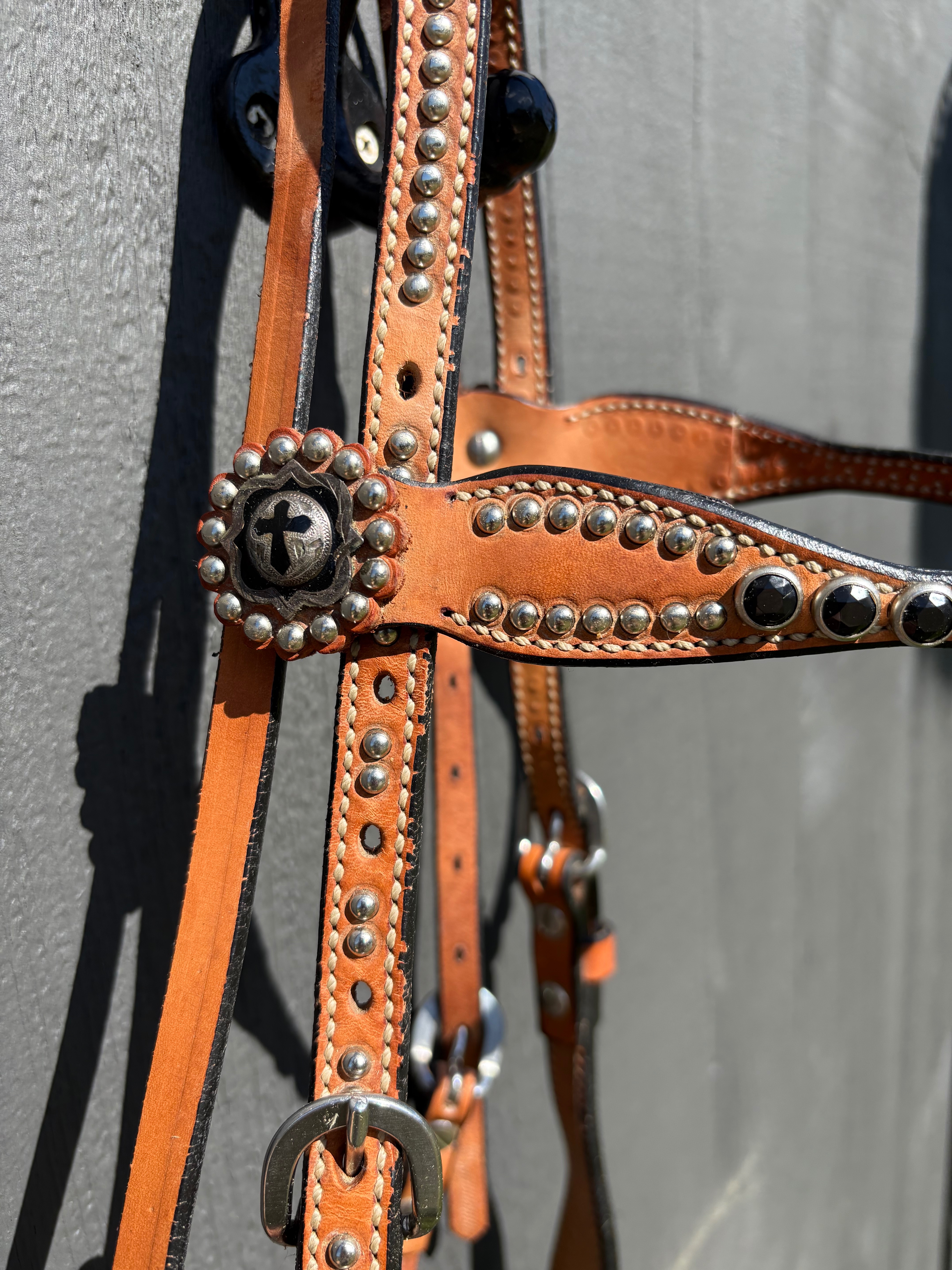 Vintage Weaver Leather Headstall Studded with Bling and Cross Accents