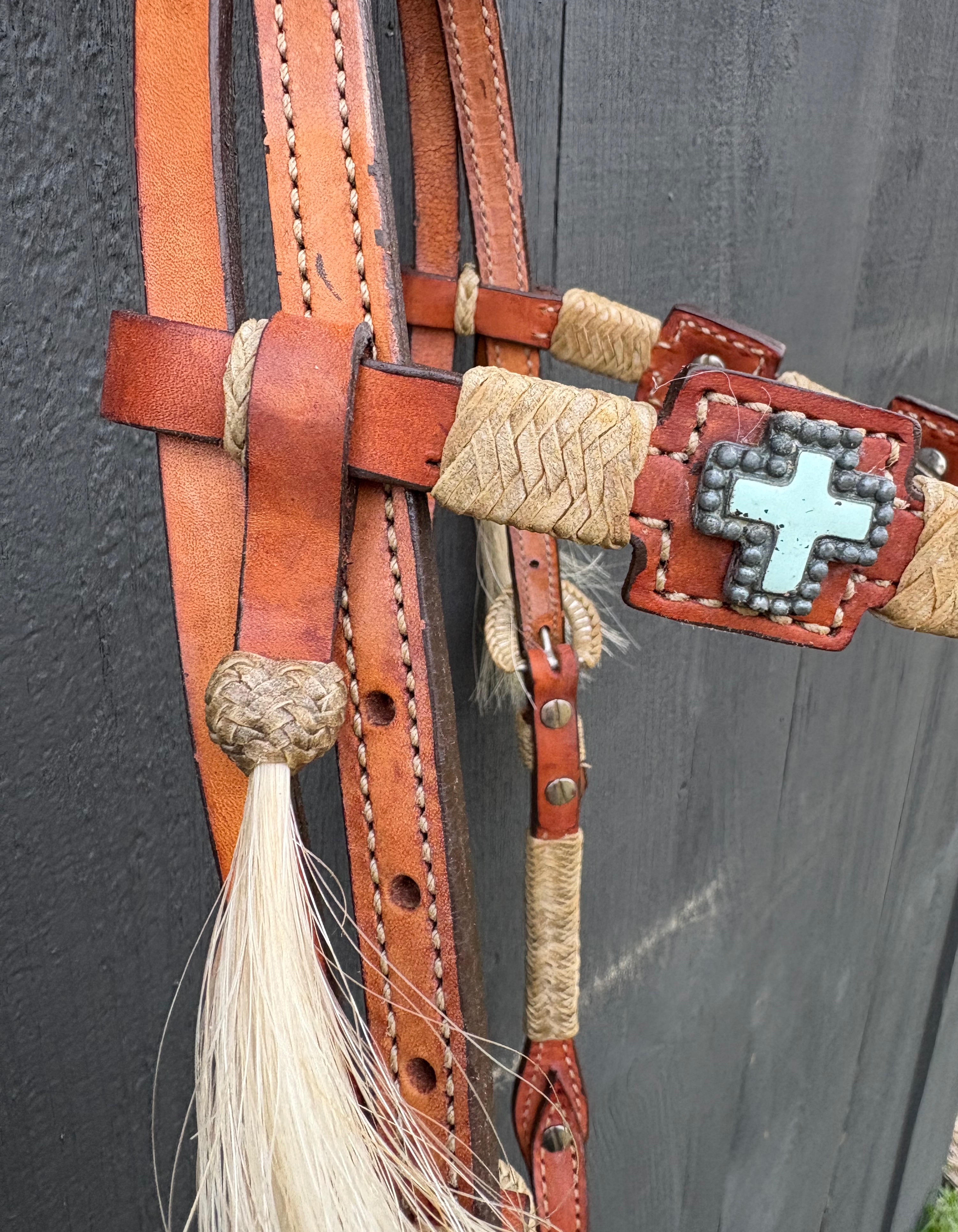 NWT Vintage Alamo Saddlery Headstall with Turquoise Crosses, Rawhide Lacing and Horsehair Tassels