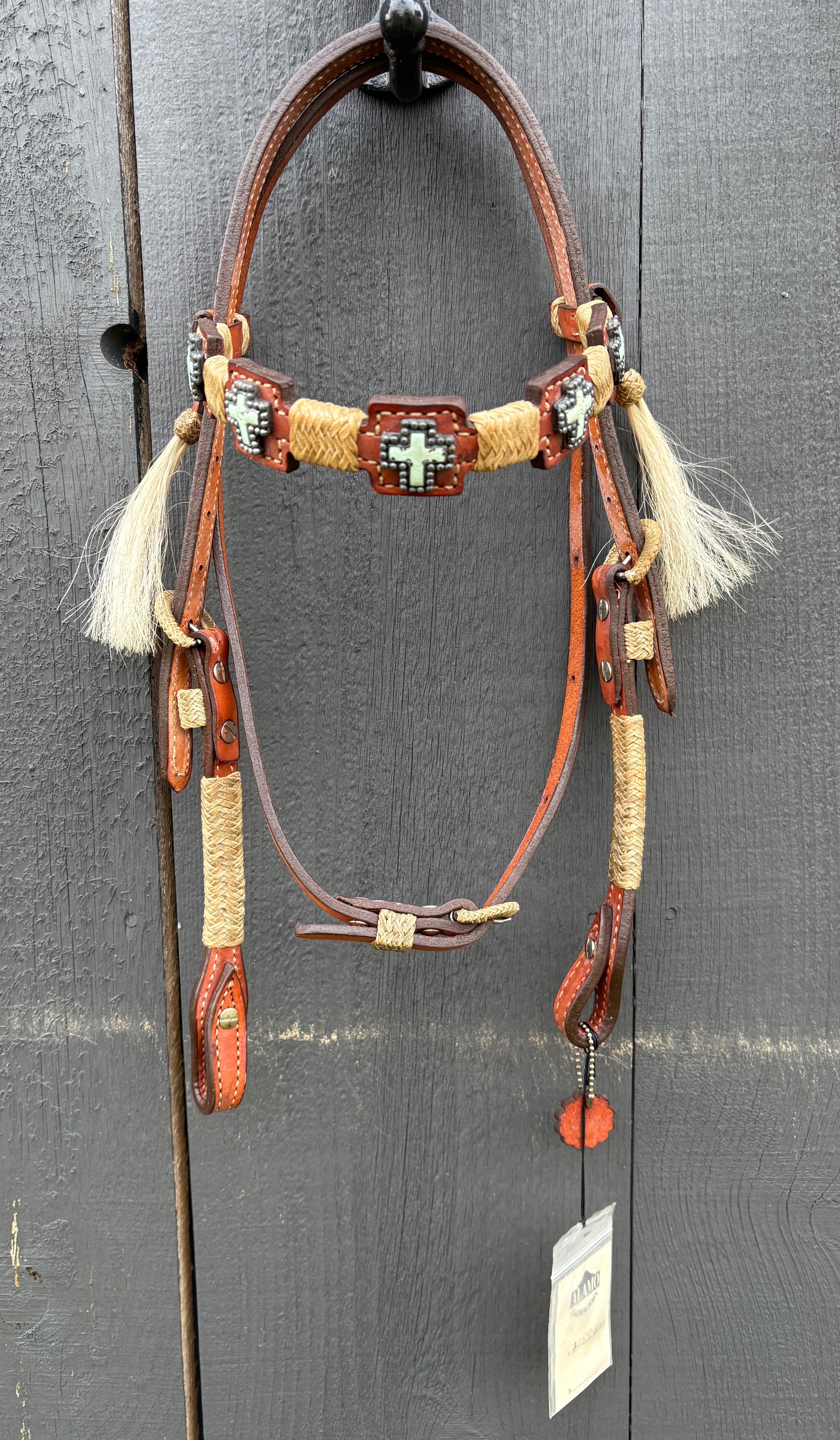 NWT Vintage Alamo Saddlery Headstall with Turquoise Crosses, Rawhide Lacing and Horsehair Tassels