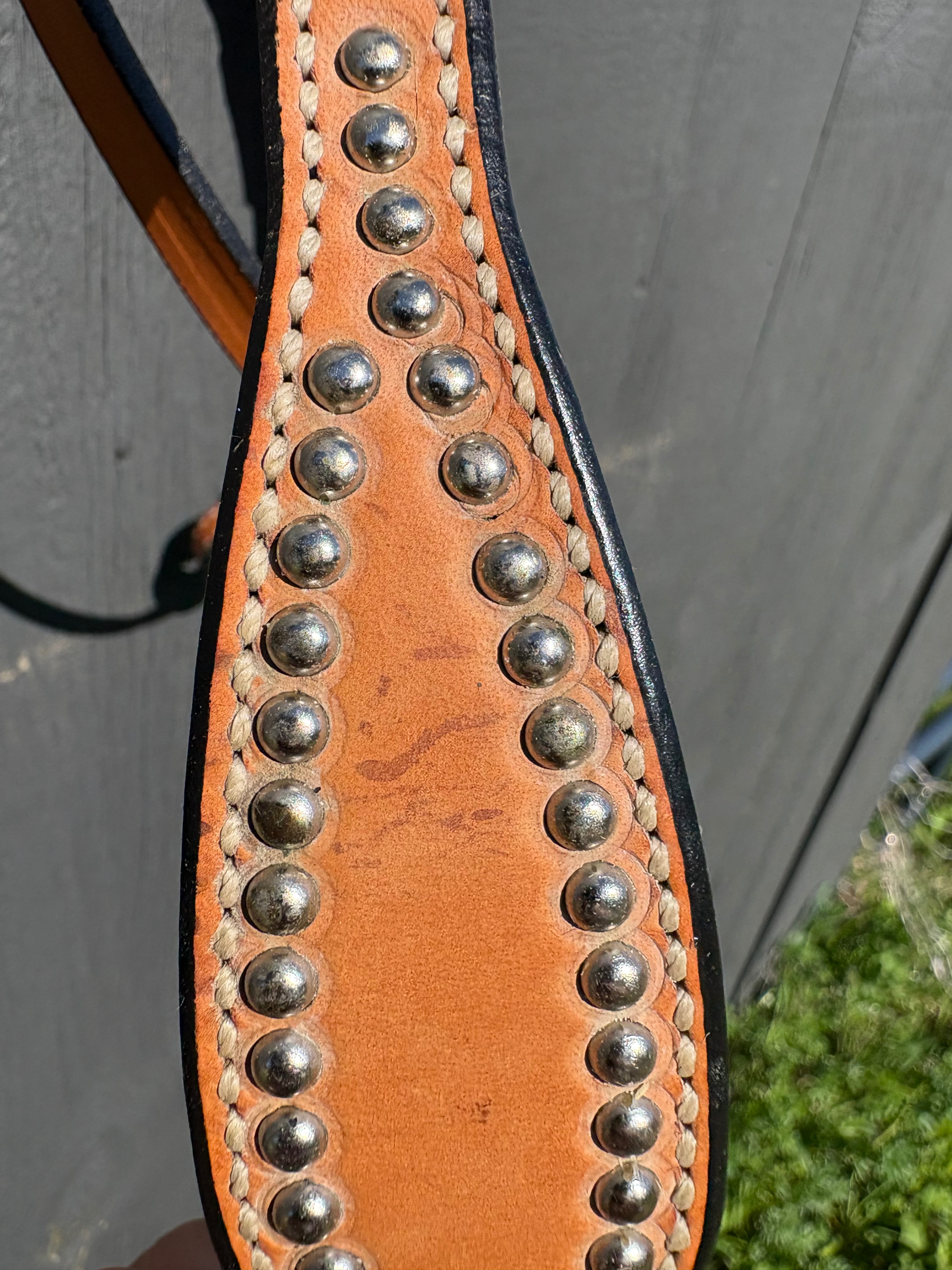 Vintage Weaver Leather Headstall Studded with Bling and Cross Accents