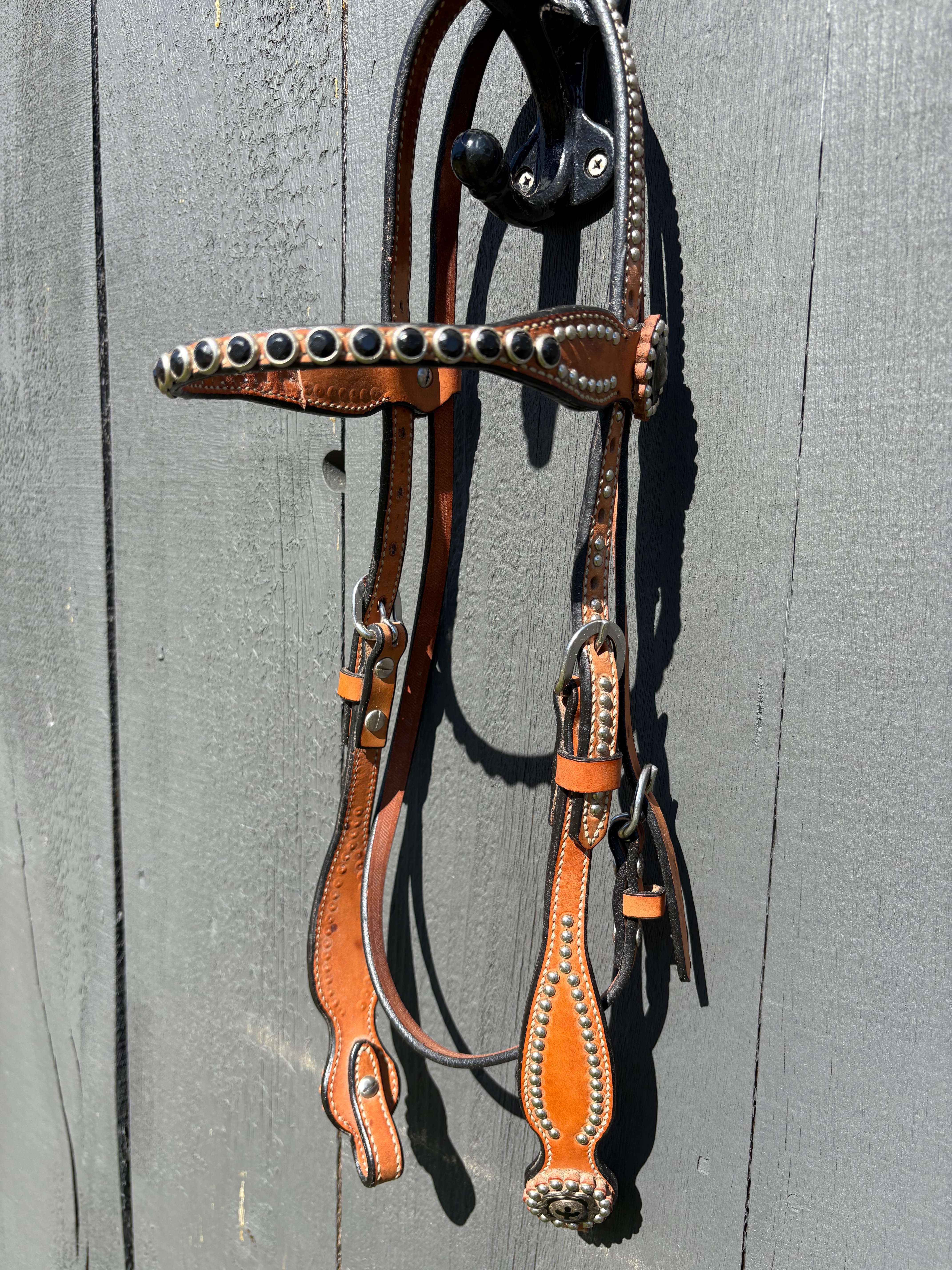 Vintage Weaver Leather Headstall Studded with Bling and Cross Accents