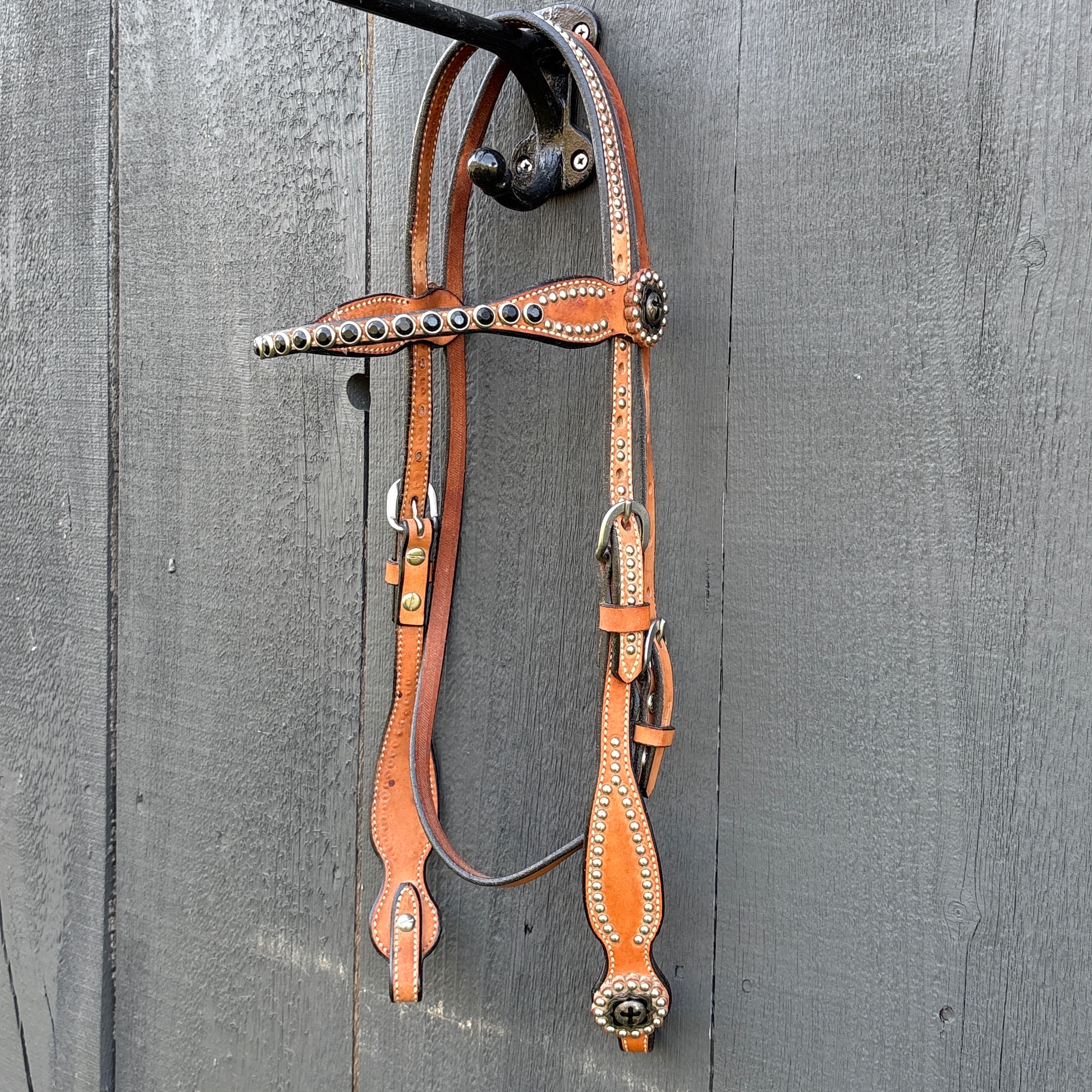Vintage Weaver Leather Headstall Studded with Bling and Cross Accents