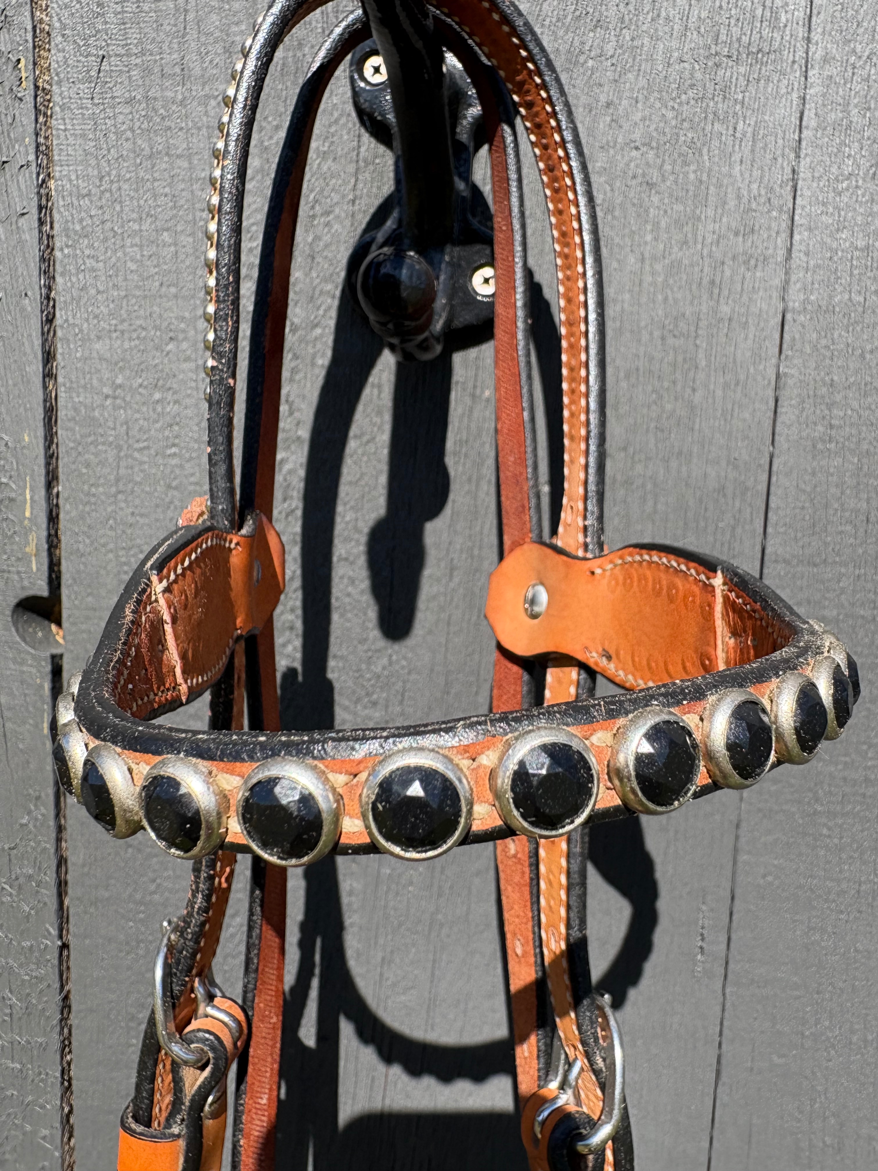 Vintage Weaver Leather Headstall Studded with Bling and Cross Accents