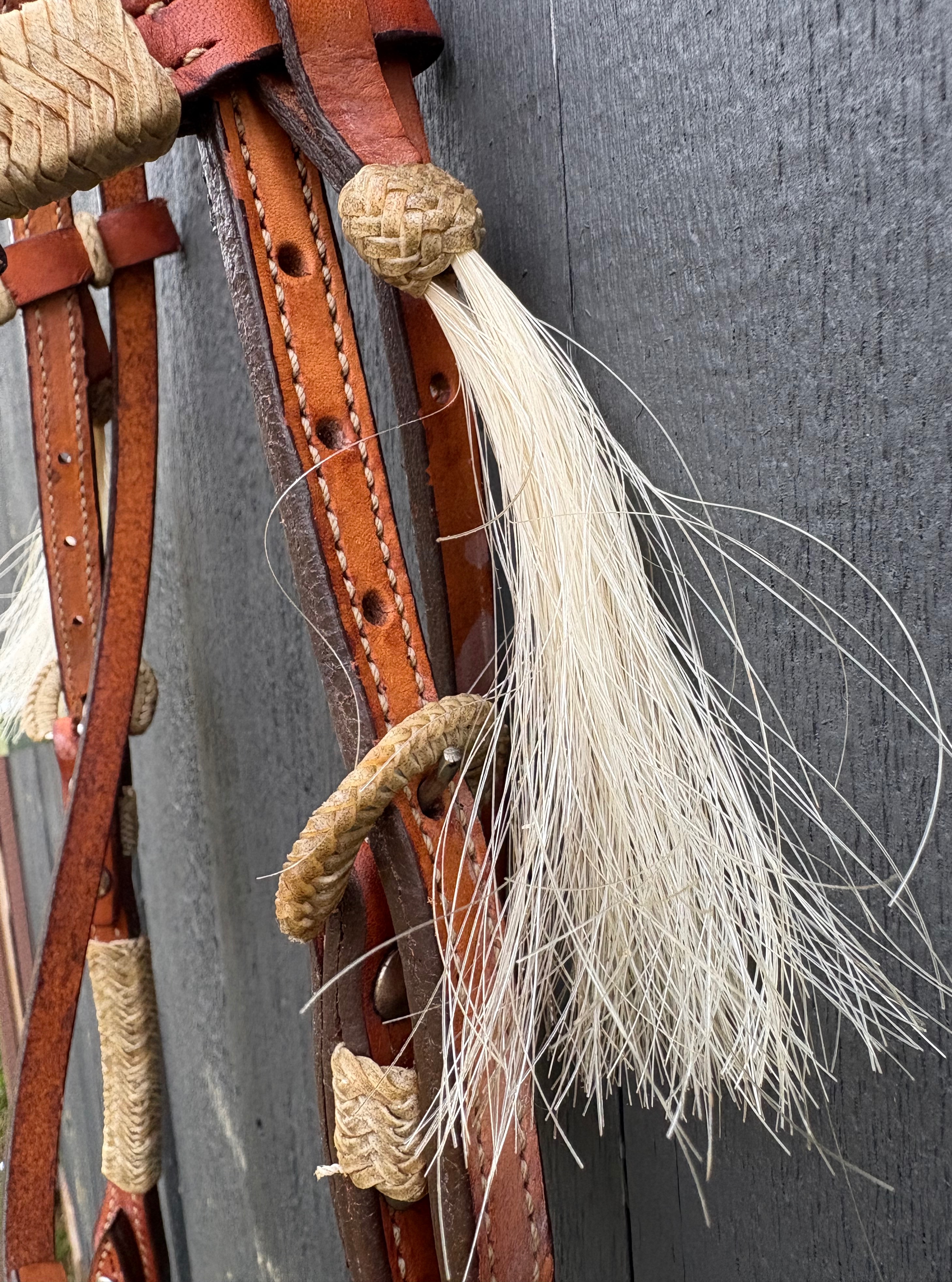 NWT Vintage Alamo Saddlery Headstall with Turquoise Crosses, Rawhide Lacing and Horsehair Tassels