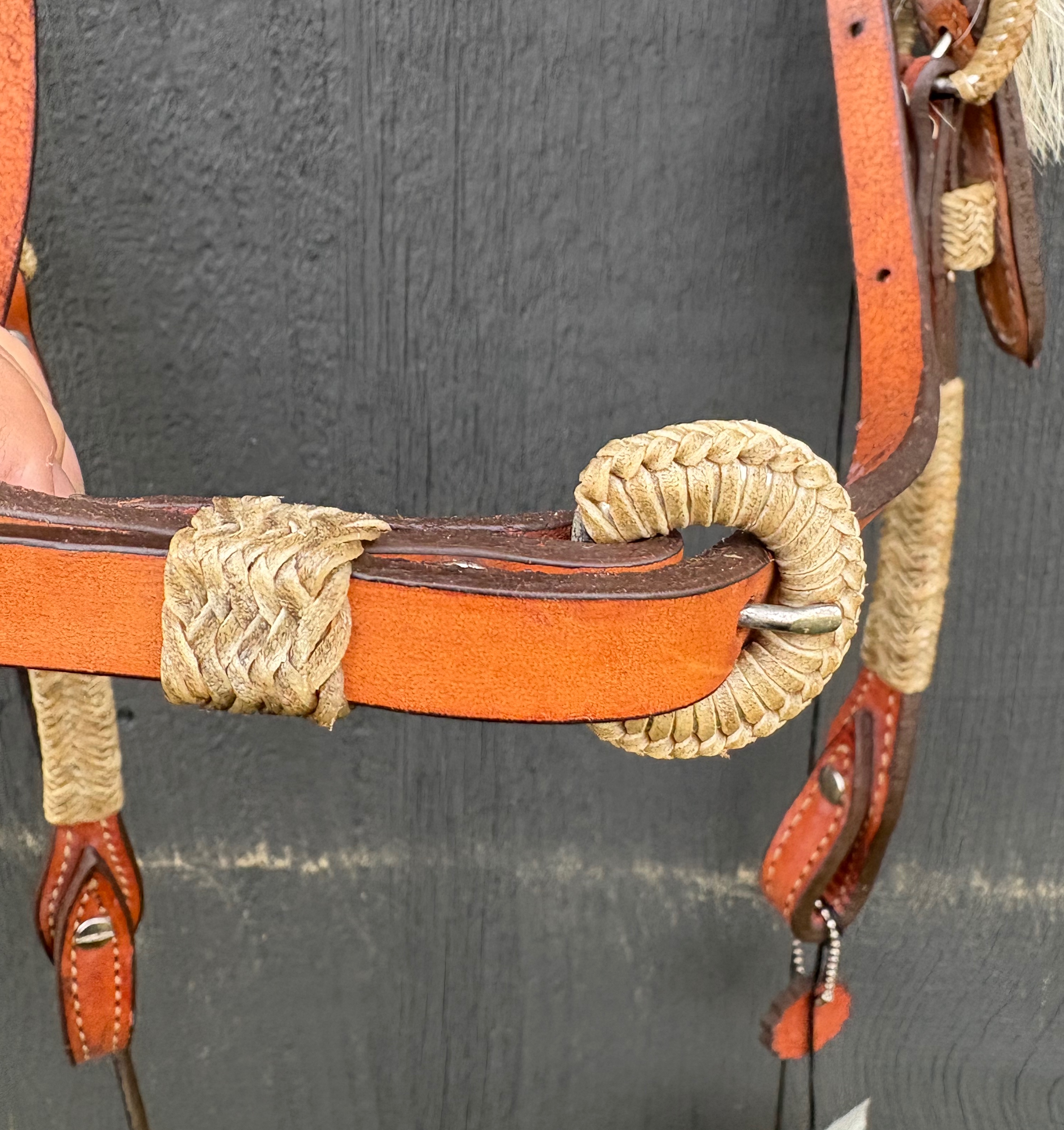 NWT Vintage Alamo Saddlery Headstall with Turquoise Crosses, Rawhide Lacing and Horsehair Tassels
